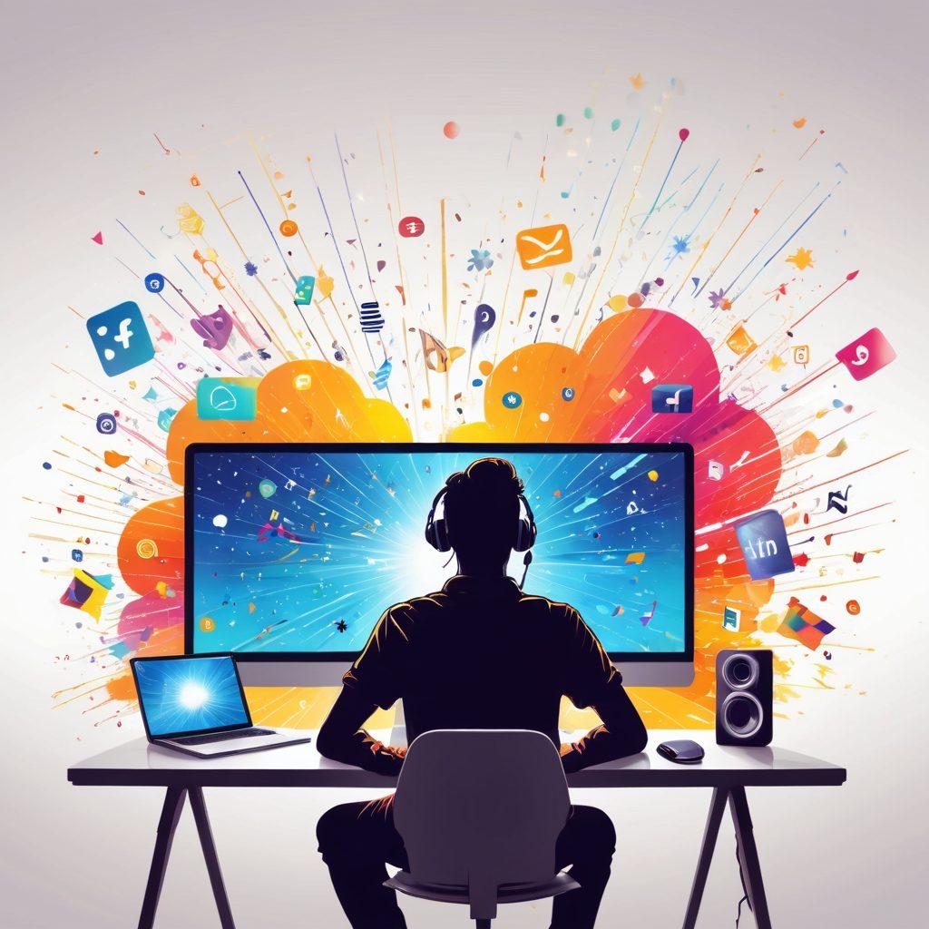 A vibrant illustration depicting a joyful person sitting in front of a computer screen, surrounded by colorful bursts of digital content icons (like videos, music notes, and social media logos) radiating outwards. The background features a serene landscape evoking happiness, with golden rays of sunlight streaming through fluffy clouds. The color palette should be bright and inviting, capturing a sense of euphoria and digital connectivity. vector art. vibrant colors. white background.