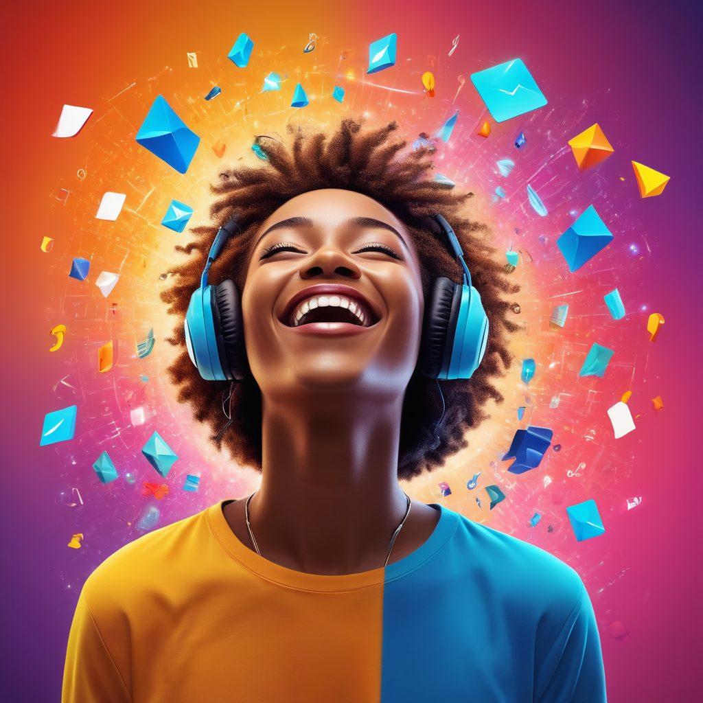 A vibrant, colorful illustration of a person joyfully interacting with floating digital icons representing various streaming services and wireless downloads, surrounded by a radiant, sparkling background that radiates happiness. Include abstract shapes and musical notes to symbolize the joy of ecstatic streaming experiences. This image should evoke a sense of freedom and excitement related to technology. super-realistic. vibrant colors. 3D.