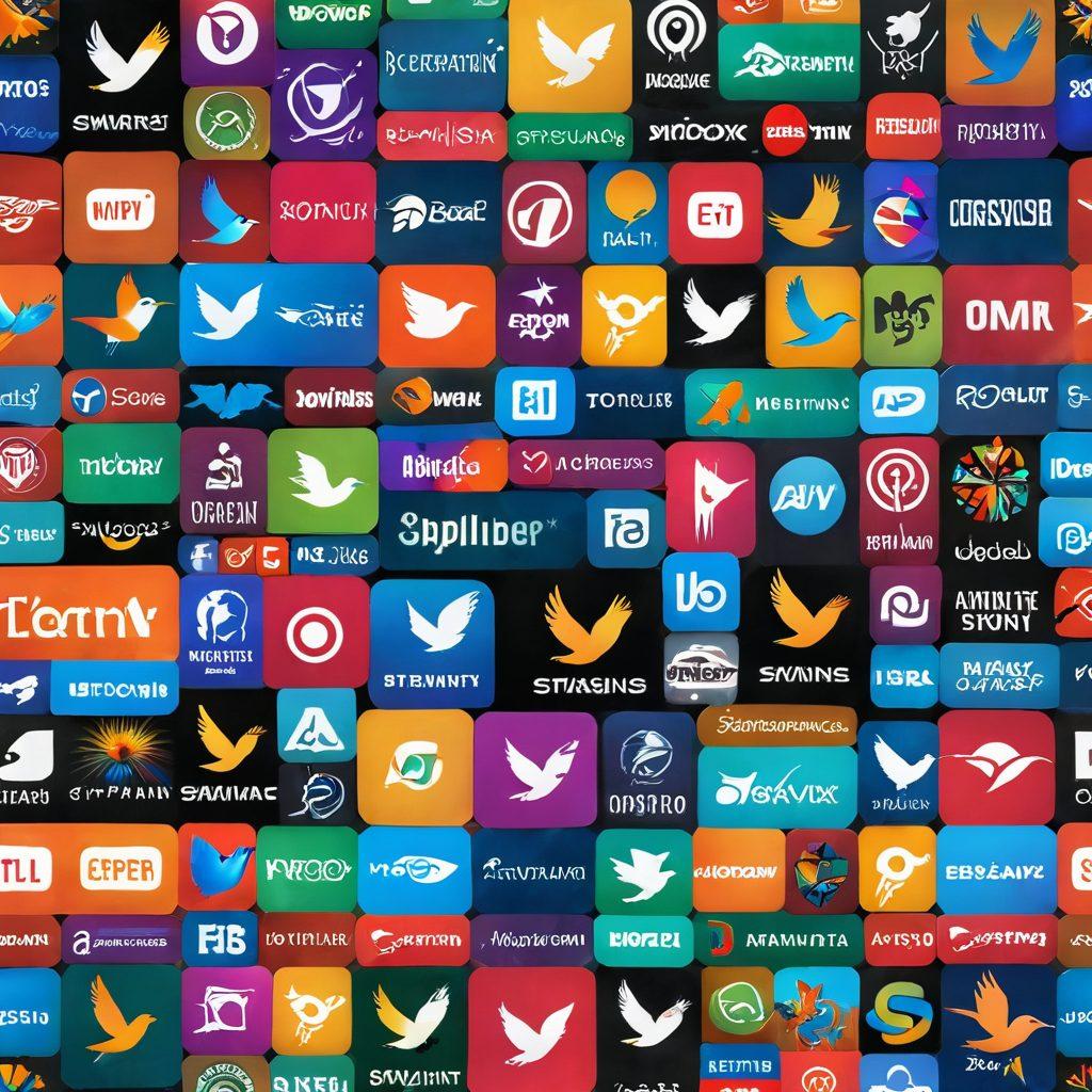 A dynamic and colorful representation of various streaming service logos intertwining, creating a vibrant web of entertainment. Include iconic symbols of freedom like birds or open skies in the background. Feature diverse characters (diverse age, gender, and ethnicity) engaged in immersive media experiences on their devices. The setting should radiate a sense of adventure and creativity. super-realistic. vibrant colors. 3D.